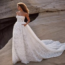Full Lace Country Wedding Dresses W/ Pockets Strapless A Line Corset Bridal Gown