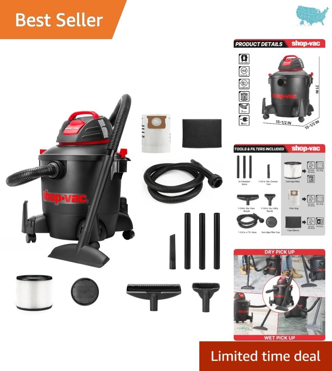 Multi-Functional 4.5 HP Wet/Dry Vacuum - 8 Gallon Capacity, 