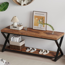 Chic Rustic Farmhouse Wood Bench with Metal Storage for Entryway or Living Room