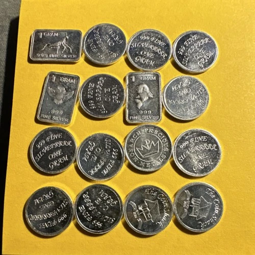 LOT 16  Monarch & The Coin Mint 1g .999 Fine Silver Bars & Rounds Lot 16g Total