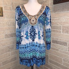 Chico's Top Blouse Tunic Blue White Wooden Beads Boho Long Sleeve 1 Made in USA