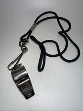 Vintage Metal Referee Police Whistle Brass Sportsmen With Black Lanyard