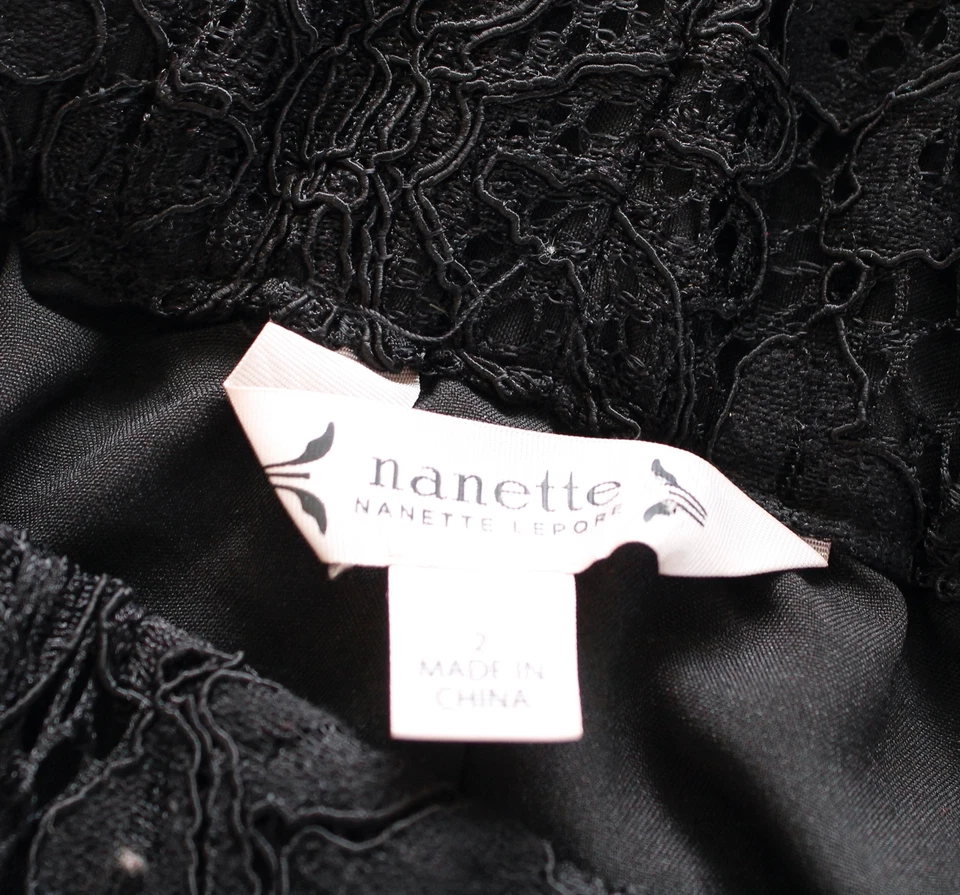 Vestido midi Nanette Lepore negro con hombros descubiertos de encaje talla 2 cóctel fiesta Foto 2 de 4