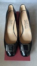 Salvatore Ferragamo Vara Black Patent Buckle Bow Pump Heel Shoes 9.5 C Wide New