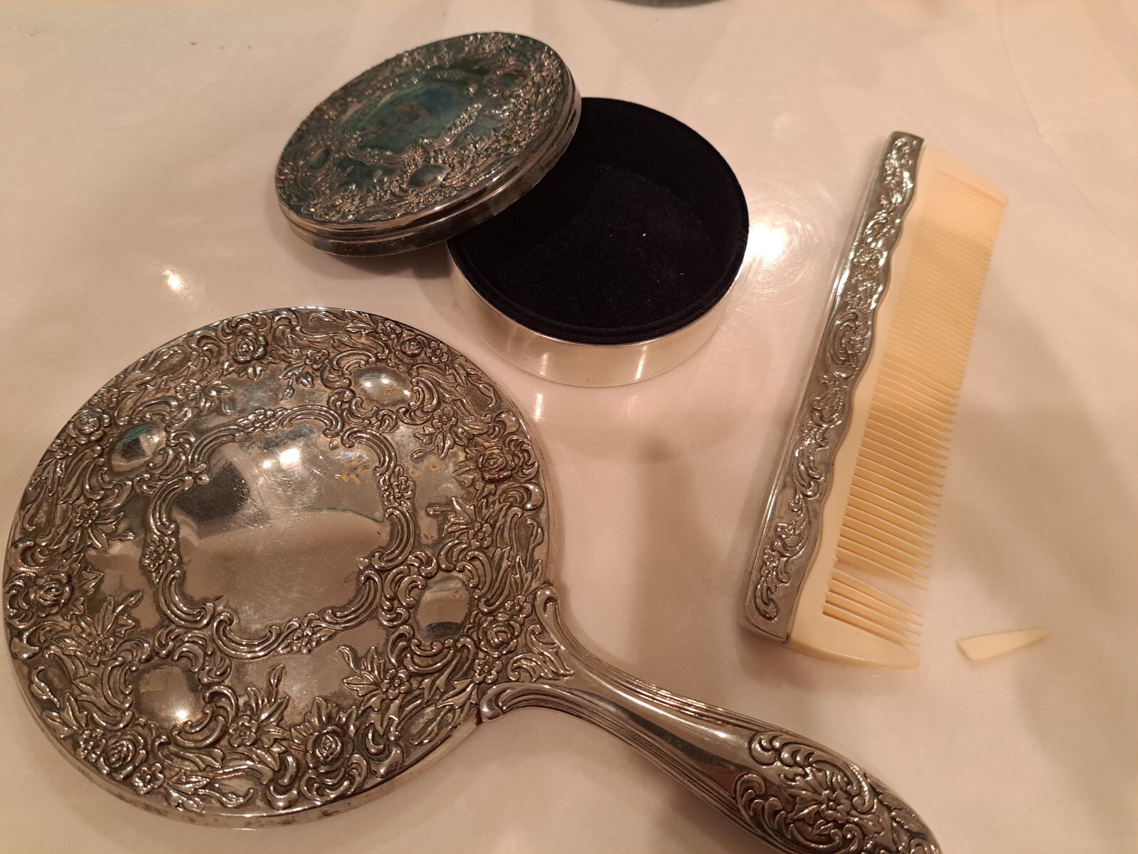 Vintage Silver Plate VANITY SET Art Nouveau Floral Mirror Face powder