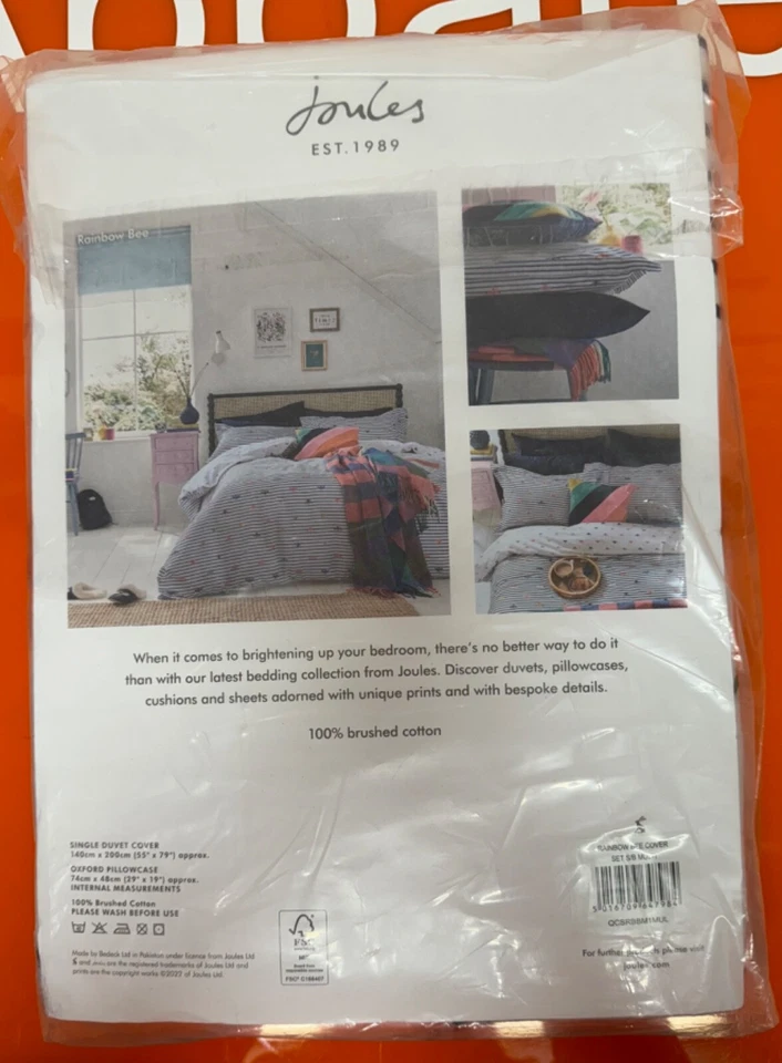 Joules Single Bedding Set, Duvet Cover & Pillowcase, Rainbow Bee,Brand New, b101 - Image 3 of 4