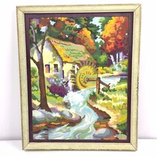 Vintage 50s Paint by Numbers Old Mill Bright Colors Autumn Fall 1950's Framed