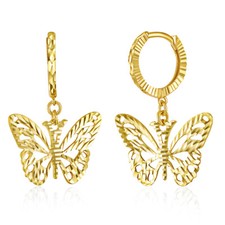 Wellingsale 14k Yellow Gold Butterfly Drop Earrings