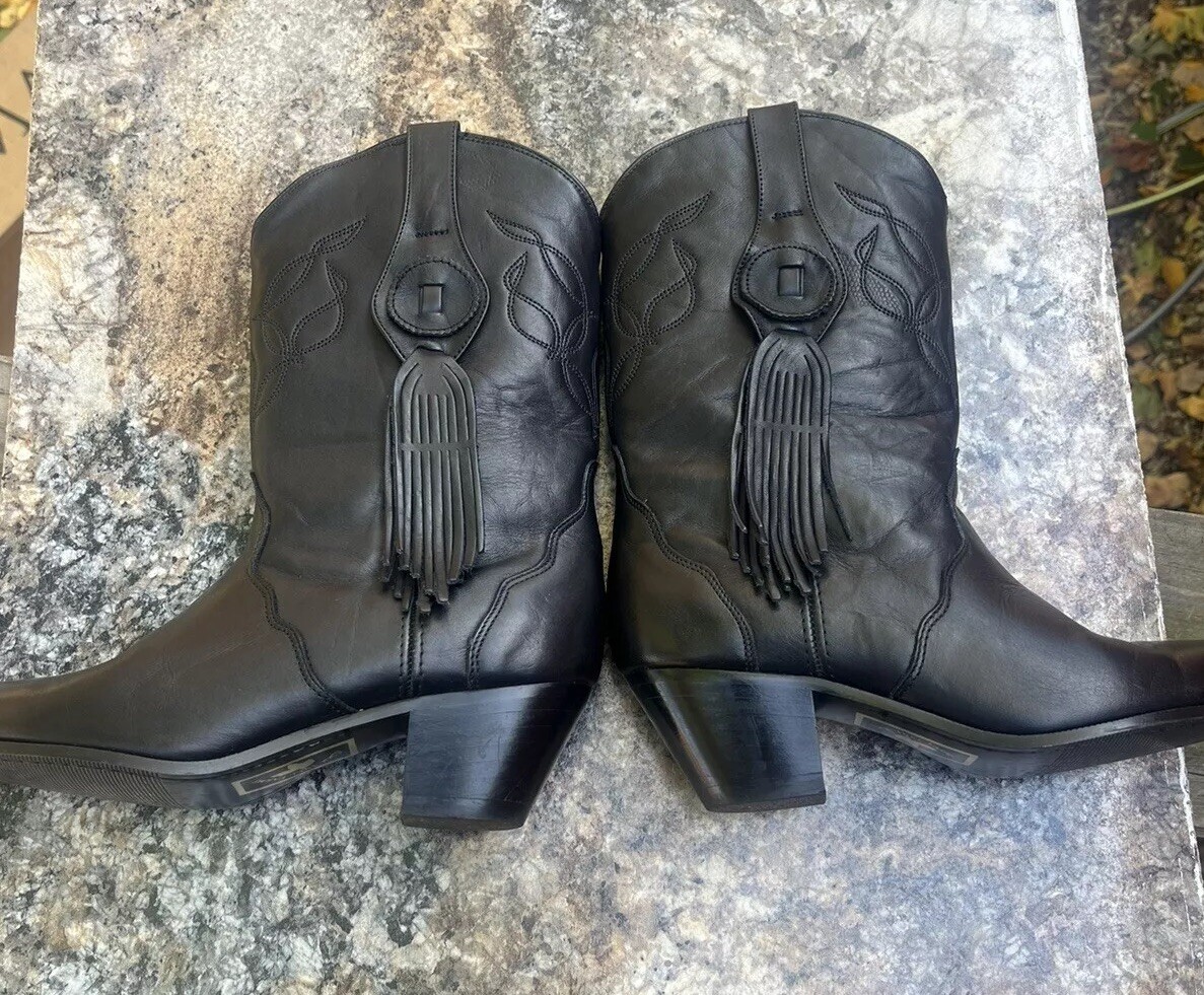 Oak Tree Farms Black Leather Cowboy Boots Tassels Western 