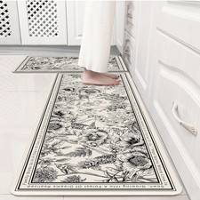 Beige Black Floral Kitchen Rug Set 2 PCS 17x29 17x47 Anti Fatigue Floor