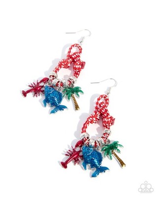 Paparazzi Beachside Bravado -Red- Red & White Cord - Paint - Silver Earrings