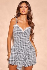Pretty Little Thing PLT Black Gingham Lace Frill Strappy Shift Dress Size 12