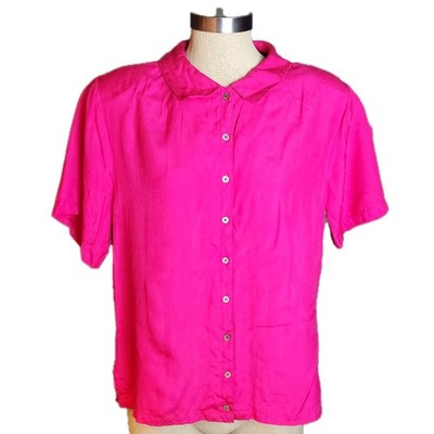 Vintage 80s/90s Hot Pink Silk Short Sleevr Button Up Blouse Nordstrom 