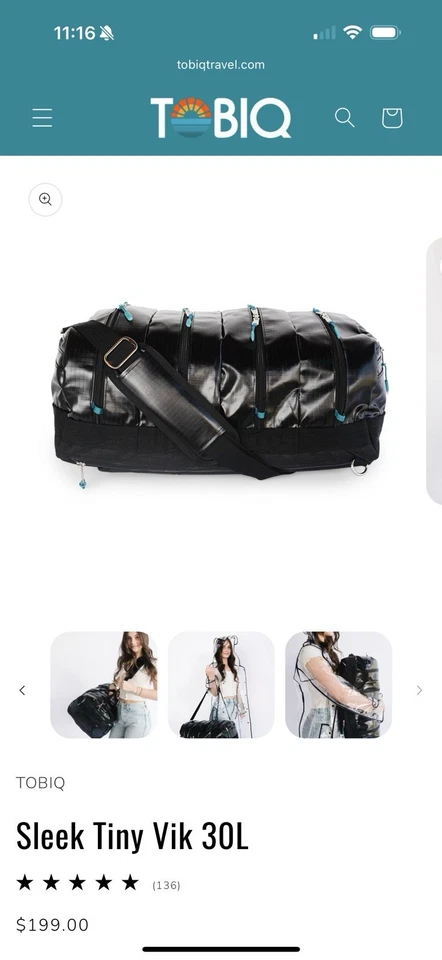 TOBIQ Travel Duffel 30L Sleek Tiny Vik Black 20-Section Organizer 17" Bag NEW - Image 3 of 3