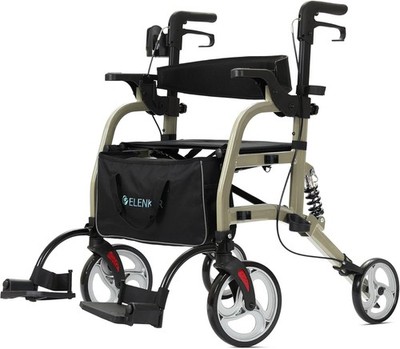 2 in 1 Rollator Walker Transport Chair Folding Wheelchair Combo Shock Seat