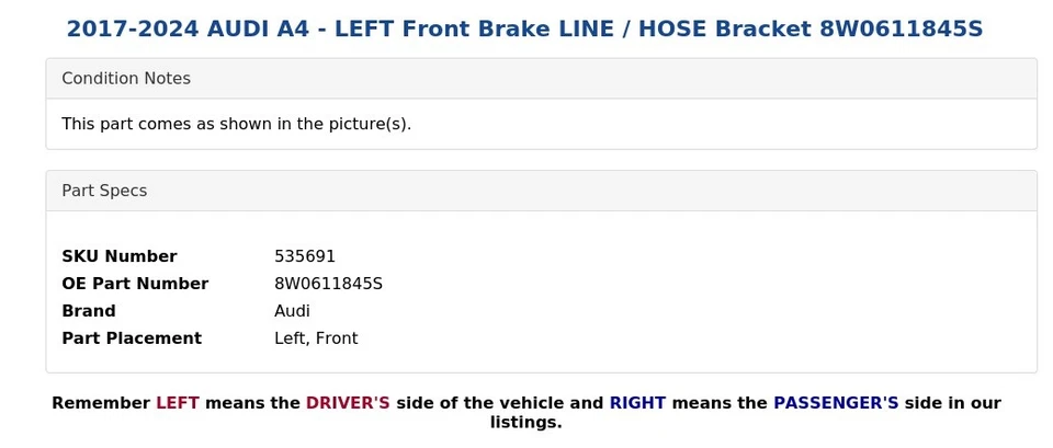 AUDI A4 2017-2024 - LÍNEA DE FRENO DELANTERO IZQUIERDO/soporte de manguera 8W0611845S Foto 4 de 4