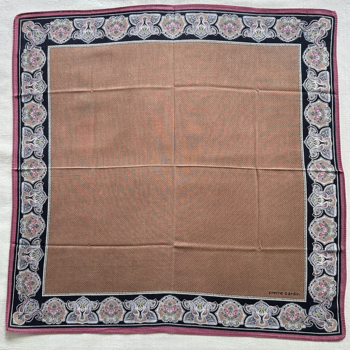 VTG Handkerchief Cotton Brown Diagonal~Border Paisley Damask Pocket Square 18"~B