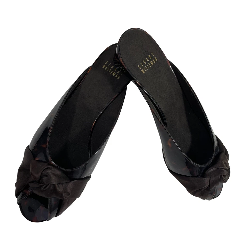 Stuart Weitzman Tortoise Shell Wedge Mules with Bow Women's Size 9M - Image 2 of 4