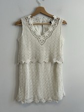 Topshop Knit Crochet Lined Tunic Mini Dress Boho Cotton Cream UK 8, 29” long