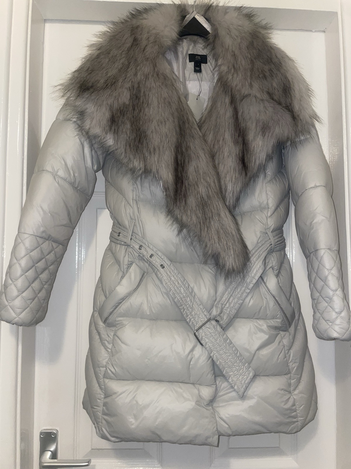 River Island Women's Grey Faux Fur Trim Coat Size 4 - New!