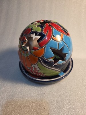 Talavera Ceramic Votive Holder Mexican 5 X5 Blue Brown Sphere