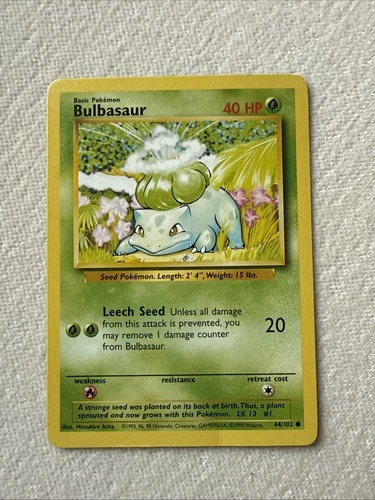 Bulbasaur 44/102 - Common 1999 English Base Set Pokemon Card - Near Mint NM & LP