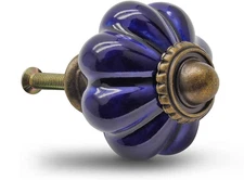 (2) VTG Victorian Style Cobalt Blue Glass w/ Brass Door Knob Handle Drawer Pulls