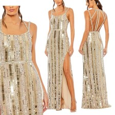 Mac Duggal size 14 93981 Embellished Detailed Back Gown $698 Nude Silver Gold