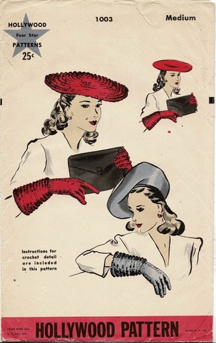 Wide BERET w GLOVES Pattern Sew or Crochet Hollywood 1003 Vtg 1940's Size 22" - Picture 5 of 6