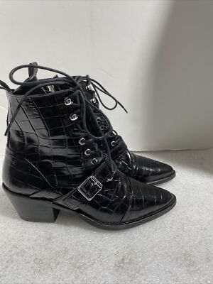 All Saints Black Croc Embossed Leather Lace Up Boots Size 38