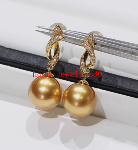 Real 18k Yellow Gold AAAA+ 11-12mm Natural gold South Sea Round Pearl Earrings - Picture 4 of 8