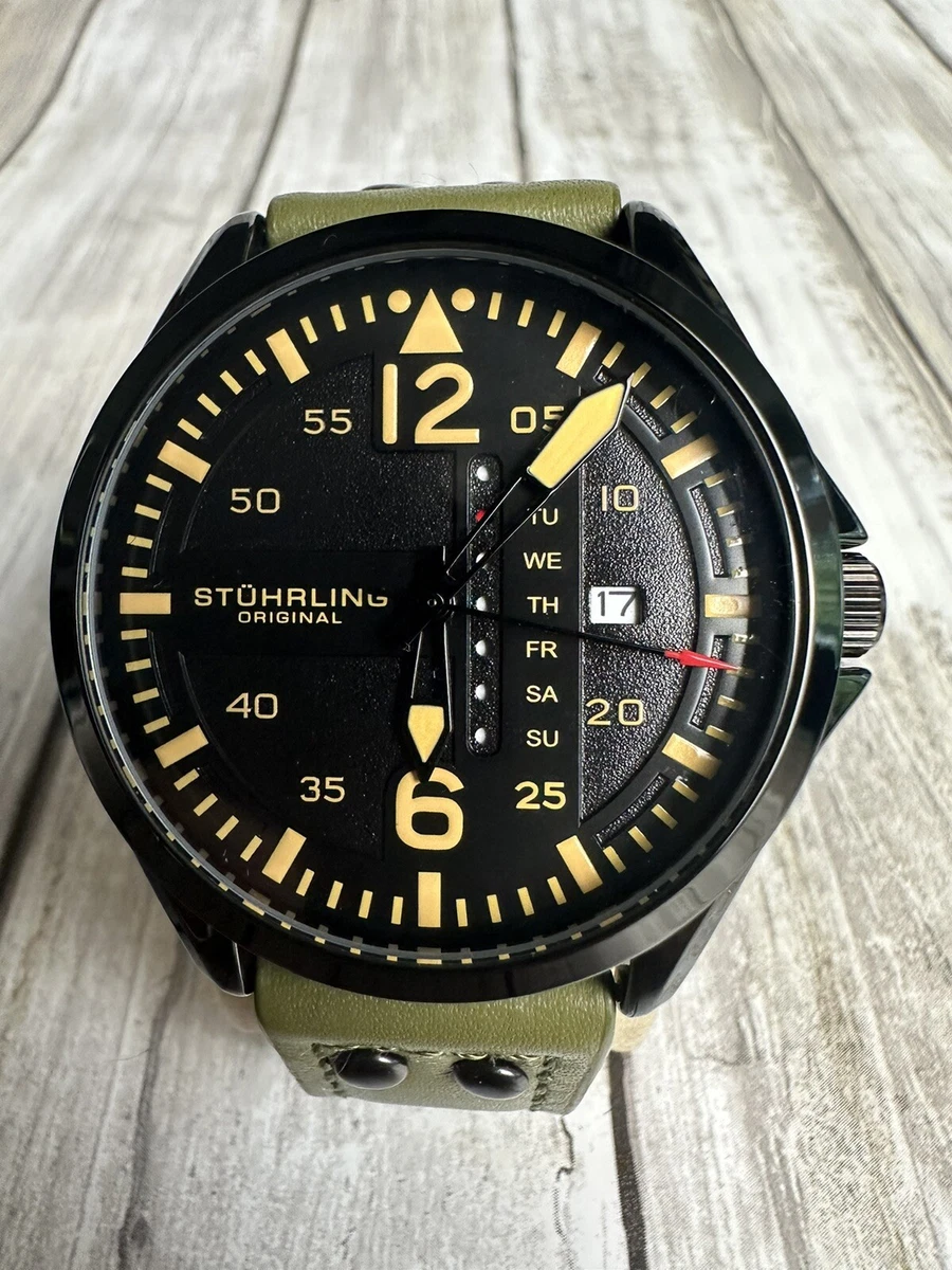 Stuhrling 3916 3 Aviator Day Date Green Leather Strap Mens Watch