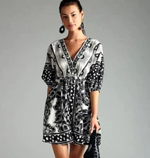 Farm Rio Puff Sleeve Linen Dress Anthropologie V Neck B&W Beaded Tassels L NEW