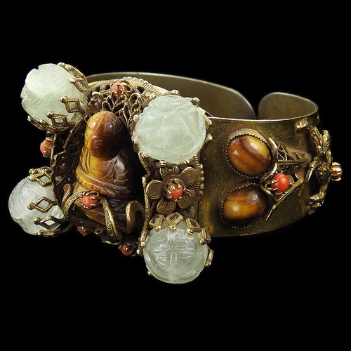 Sandor Filigree Coral Tiger's Eye Buddha Flying Dragons Chinese Bangle Bracelet