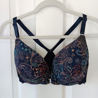 Adore Me Women's Alexis Dark Sapphire Paisley Contour Plunge Bra Size 34DDD
