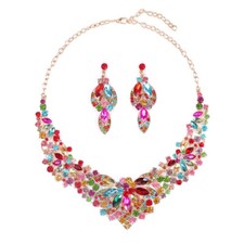 Sparkly Mixed Color Crystal Flower Leaf Necklace Earrings Wedding Jewelry Set