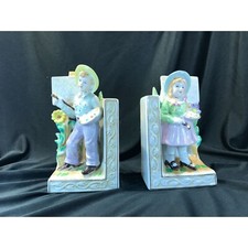 Vintage porcelain girl and boy bookends, painting artist double sided