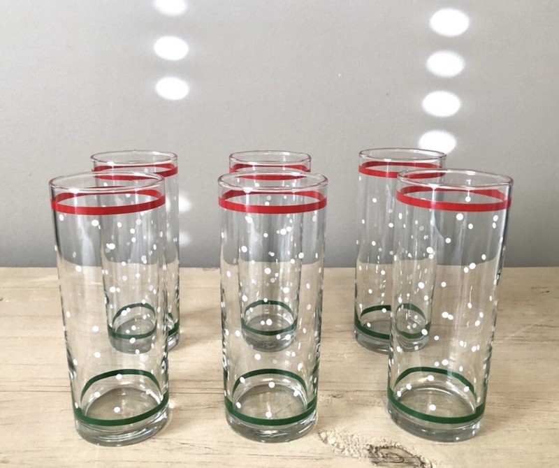 (6) Vintage Libbey Polka Dot Red Green Stripe Tumbler Cooler Glasses