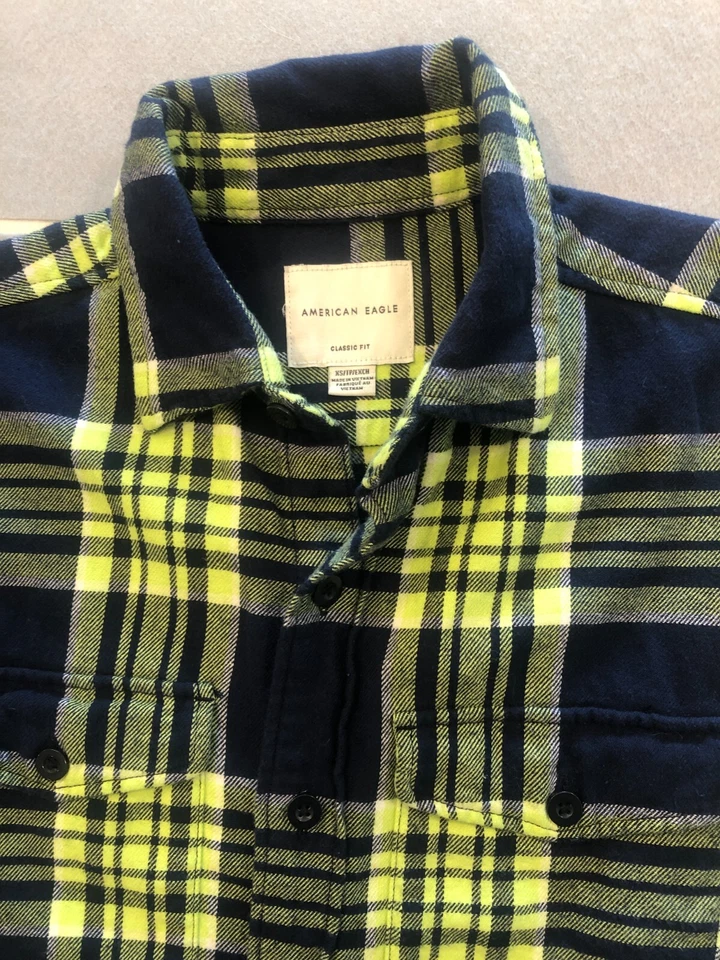 American Eagle Shirt Men's Extra Small Classic Fit Navy Blue Yellow Flannel - Image 2 of 4