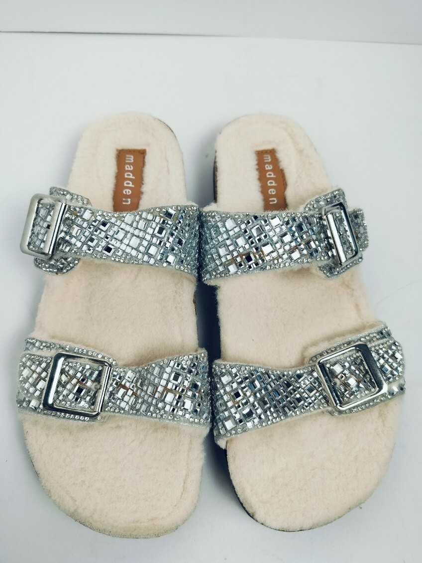 Madden Girl Brando Cozy Fur Footed Silver Crystal Slide Sandals