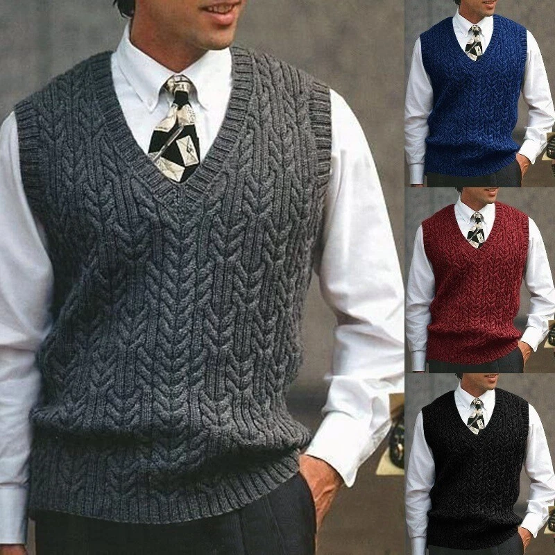 Mens Sleeveless V-Neck Sweater Vest Solid Knit Pullover Casual Soft Solid  Color