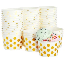 50 Pack Ice Cream Paper Cups, Disposable Sundae Dessert Yogurt Bowls 8oz, Dots
