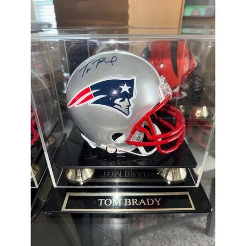 Tom Brady Autographed Riddell Mini Helmet New England Patriots Display Case