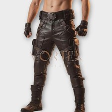 Men's Brown Six Pocket Style Causal Leather Pant Genuine Lambskin Leather Pant