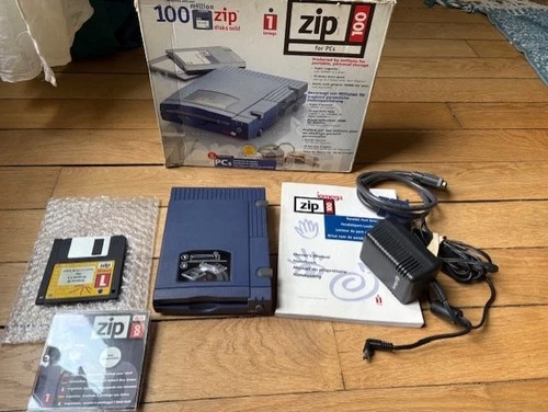 Iomega Zip 100 drive parallel external disk with box and documentation. Tested#2