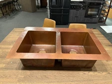 35" Copper Kitchen Sink Hammered Double Basin 9" Deep 16 Gauge)