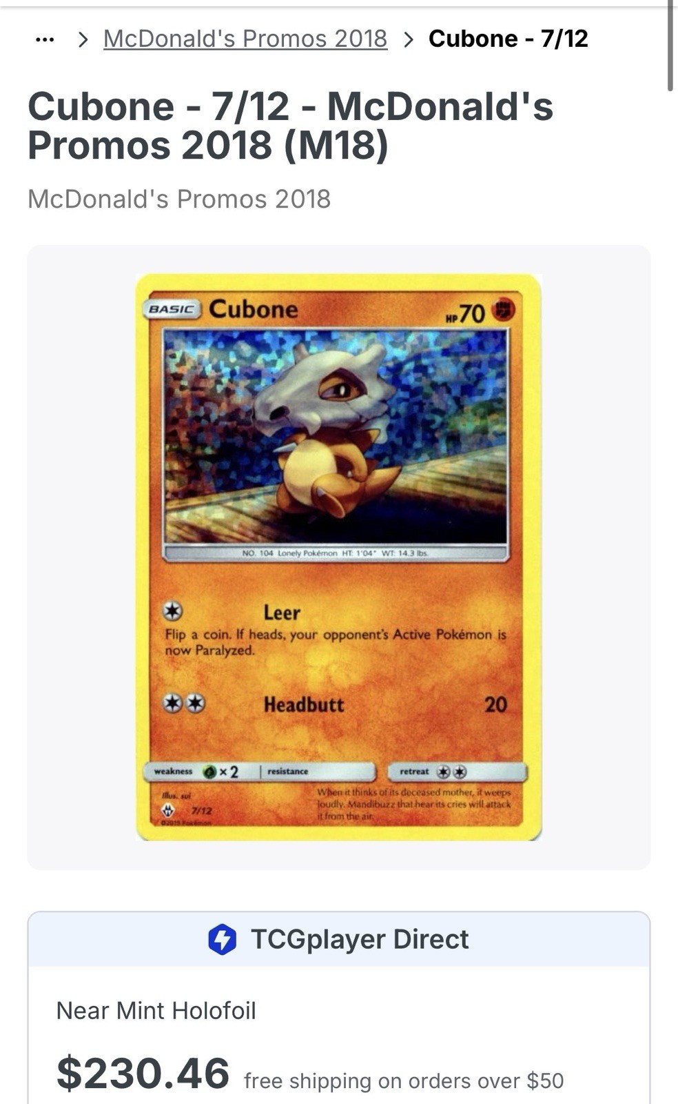 The Pokémon Company Cubone 7/12 McDonald's 2018 Holo Promo English 70 HP