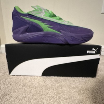 PUMA Low Top Basketball Sneakers Green Purple Mesh Geometric Size 11.5