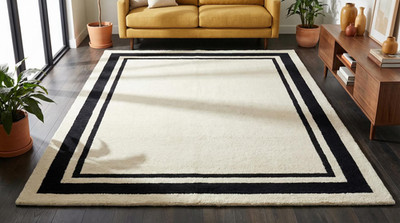 Hand Tufted Cream Rug Black Border Minimalist Wool Area Rug Modern Decor