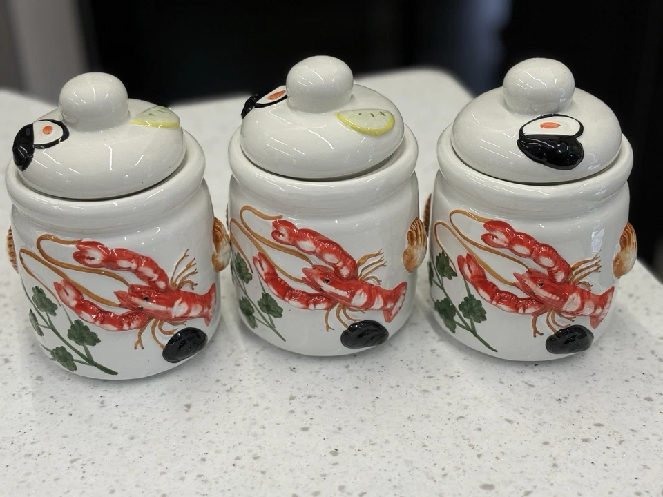 Juego de 3 tarros de especias de cerámica de langosta pintados a mano Lavori Artigianali decoración costal Foto 3 de 4